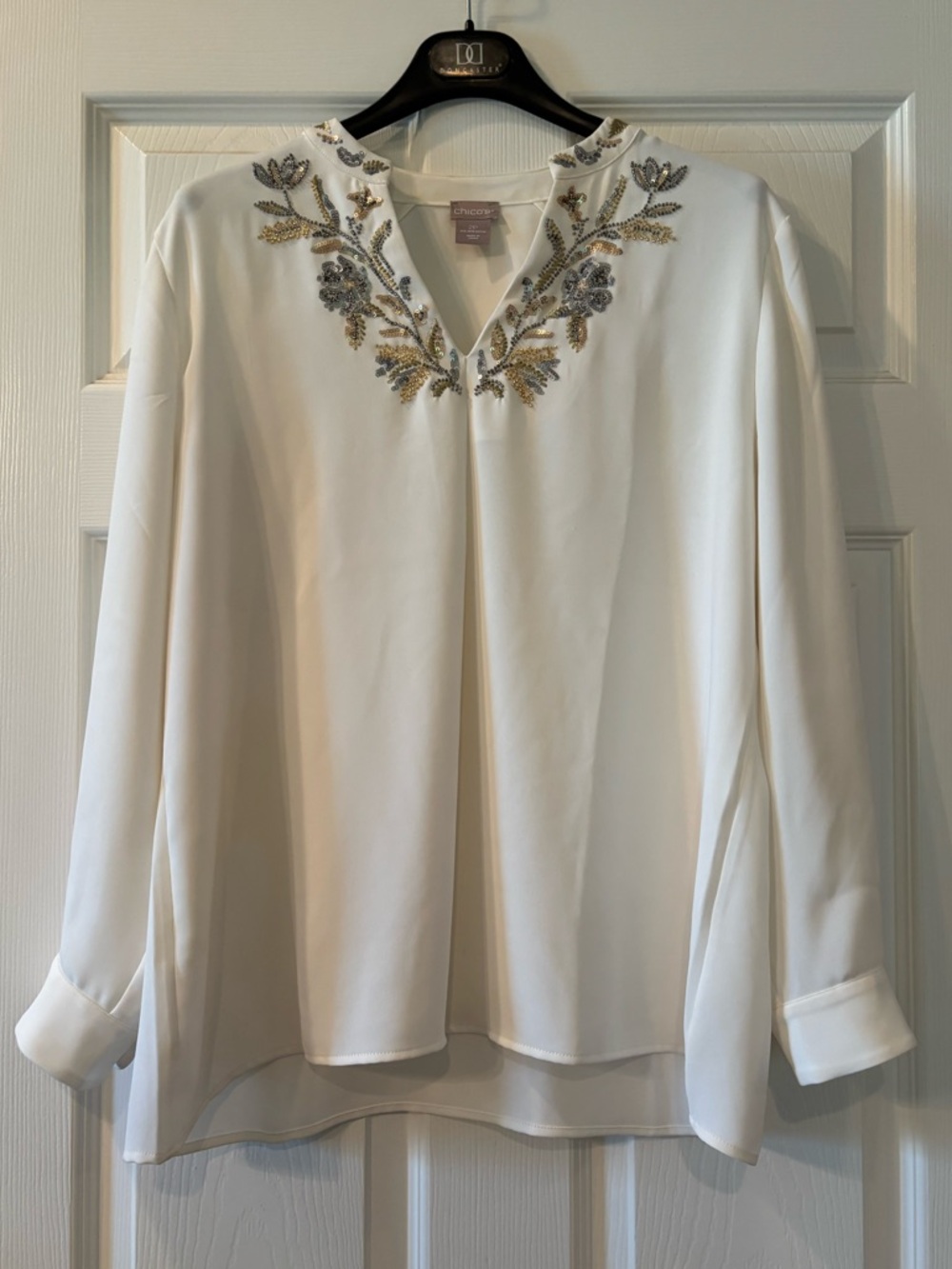 Chico's White Embellished V-Neck Blouse Size 2P  12-14P